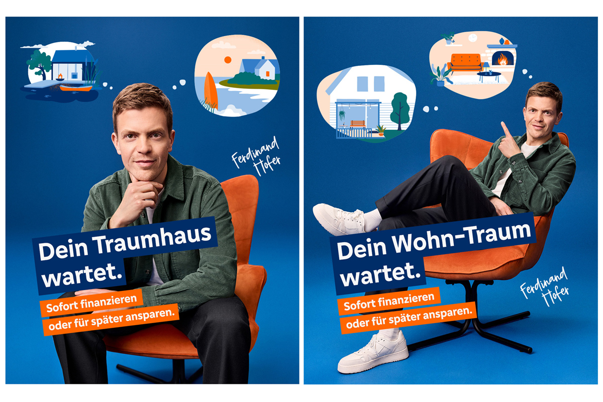 Mann träumt von Haus kaufen oder sparen.