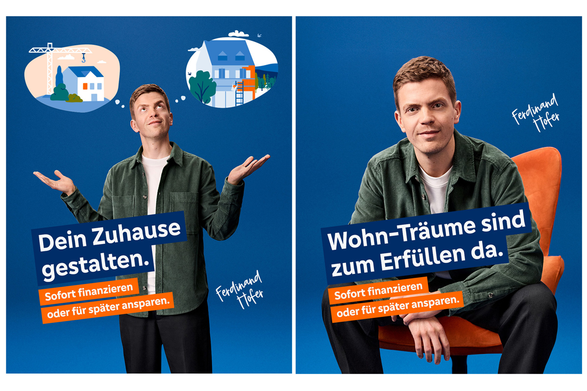 Mann mit Gedankenblasen über Hausplanung.
